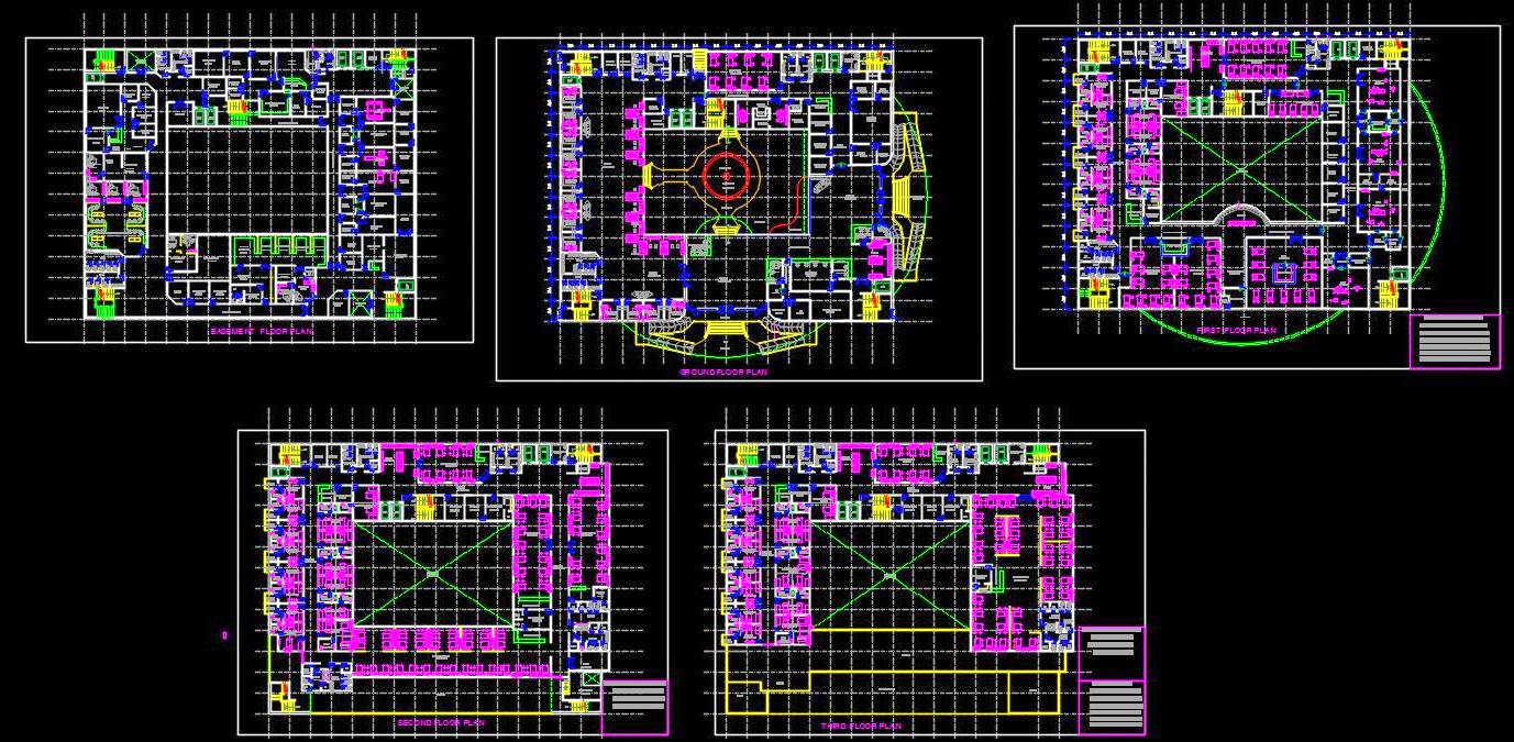 Multi-Speciality Hospital Layout DWG - Complete Plan, G+3 Floors